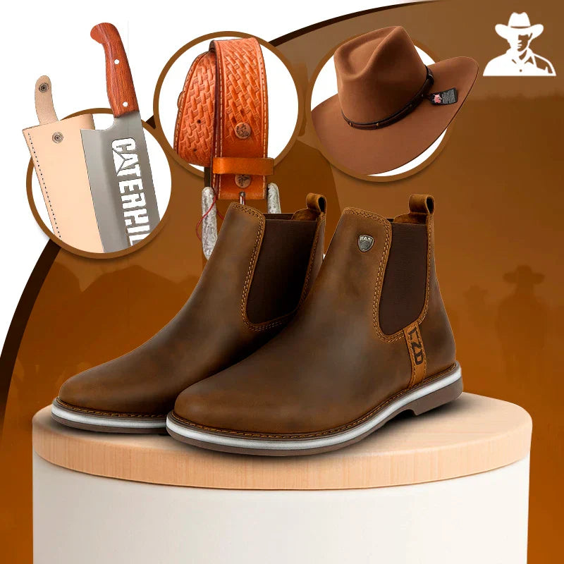 Kit Bota Masculina Montara em Couro Legítimo e Palmilha Ortopédica +BRINDES: Faca Inox, Chapéu e Cinto