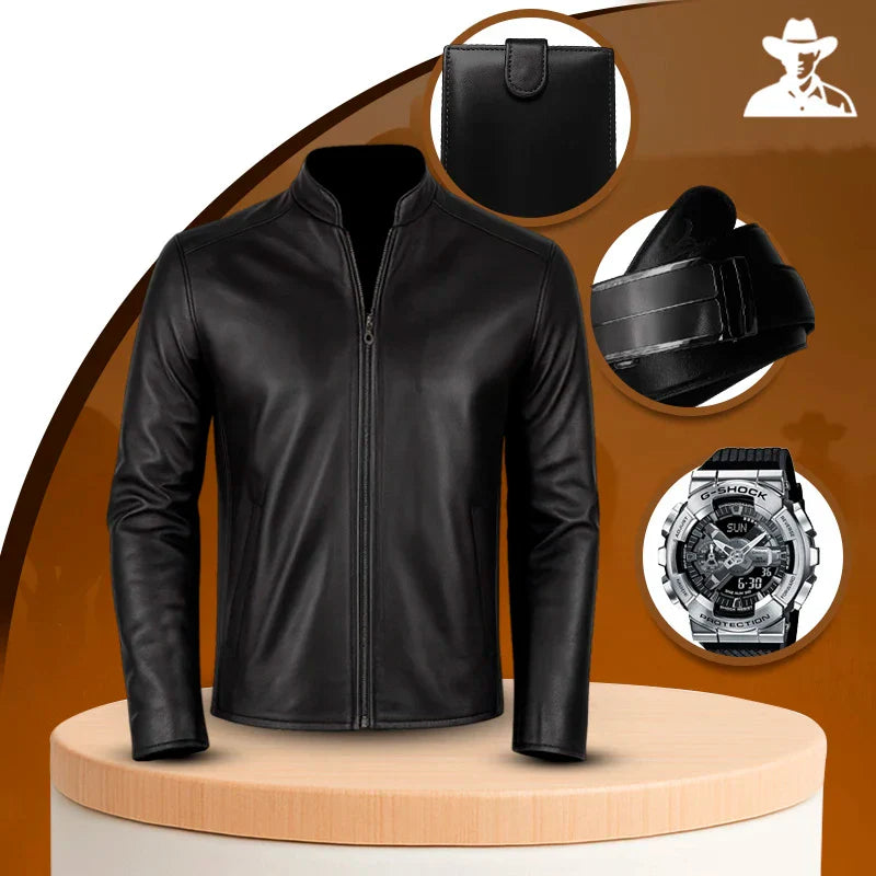 Jaqueta Masculina Ervok em Couro Legítimo Forrada +3 BRINDES: Relógio, Cinto e Carteira