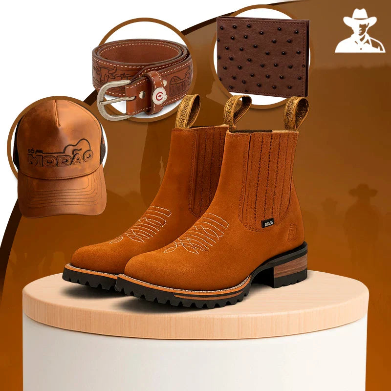 Kit Bota Brave Texana 2.0 em Couro Legítimo com Palmilha Ortopédica +BRINDES: Boné, Cinto e Carteira
