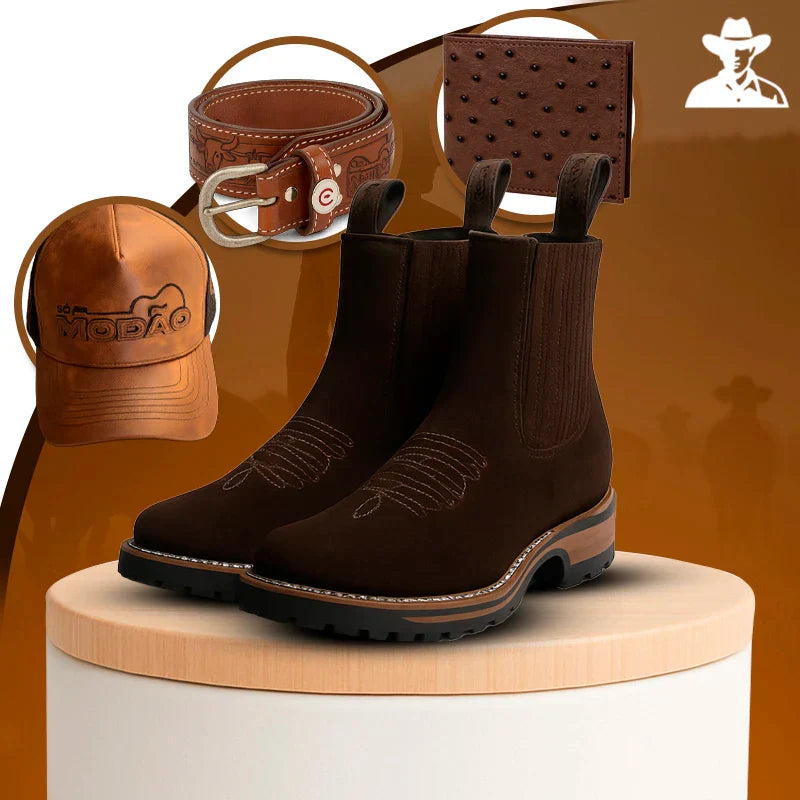 Kit Bota Brave Texana 2.0 em Couro Legítimo com Palmilha Ortopédica +BRINDES: Boné, Cinto e Carteira