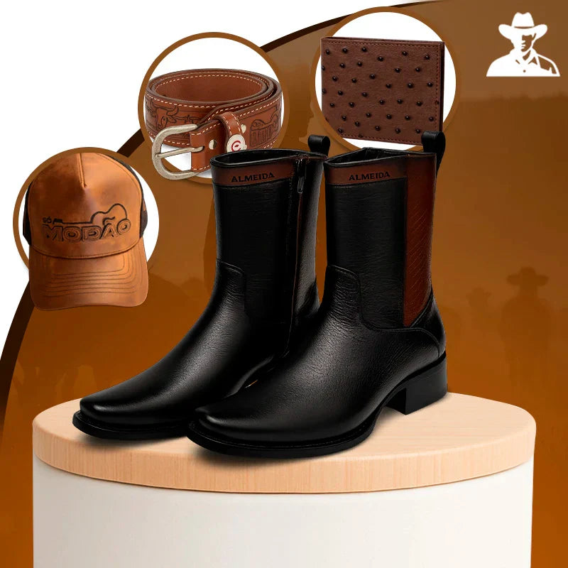 Kit Bota Maverick 3.0 em Couro Legítimo com Palmilha Ortopédica +BRINDES: Boné, Cinto e Carteira