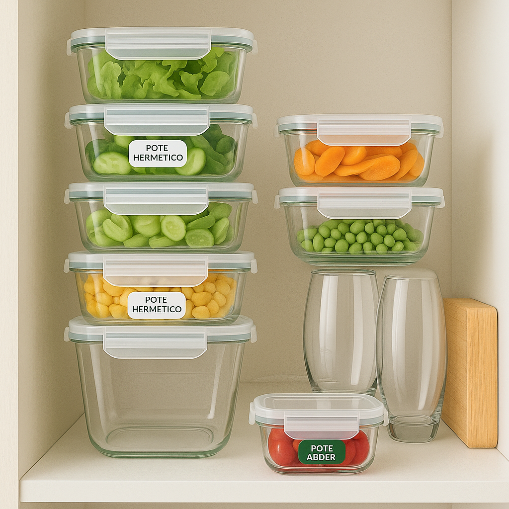 Kit 15 Potes Herméticos de Vidro + 10 Copos de Vidro Aruba de Brinde