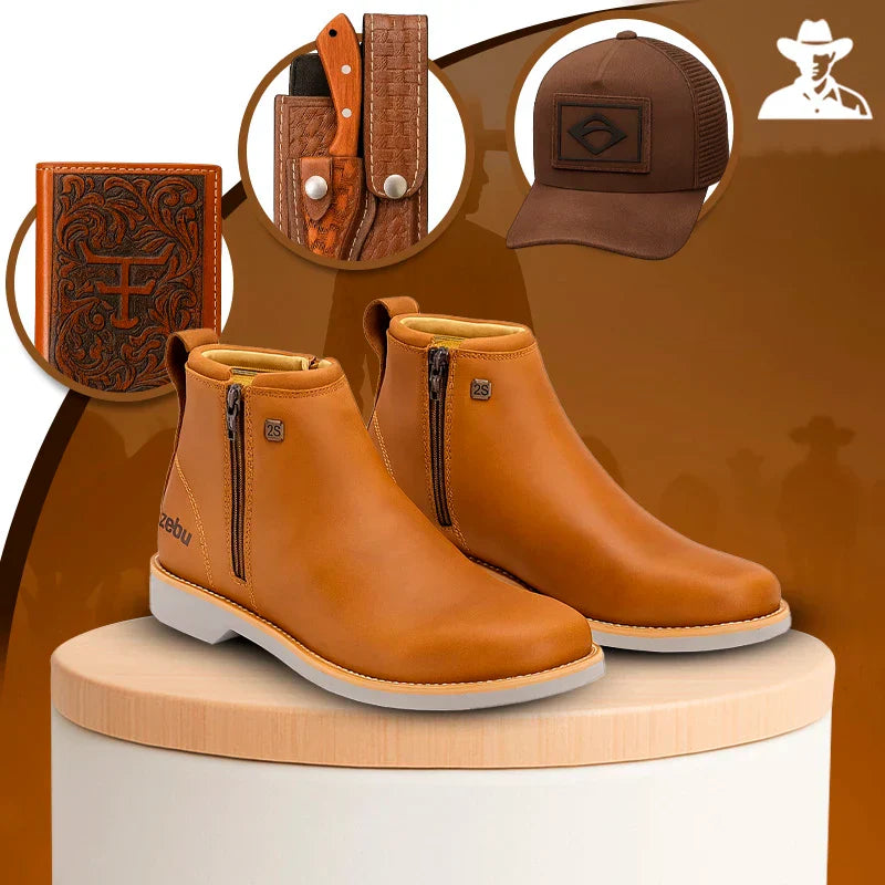 Kit Bota Zavick em Couro Legítimo e Palmilha Ortopédica +BRINDES: Boné, Cinto e Bainha com Faca