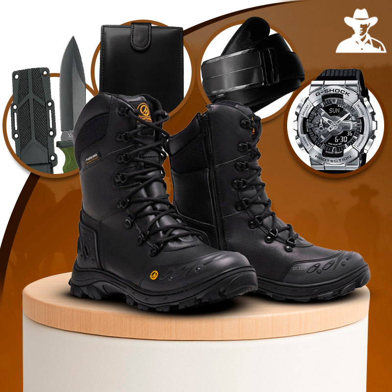 Kit Bota Masculina Gravuor em Couro Legítimo e Palmilha Ortopédica +BRINDES: Relógio, Faca, Cinto e Carteira