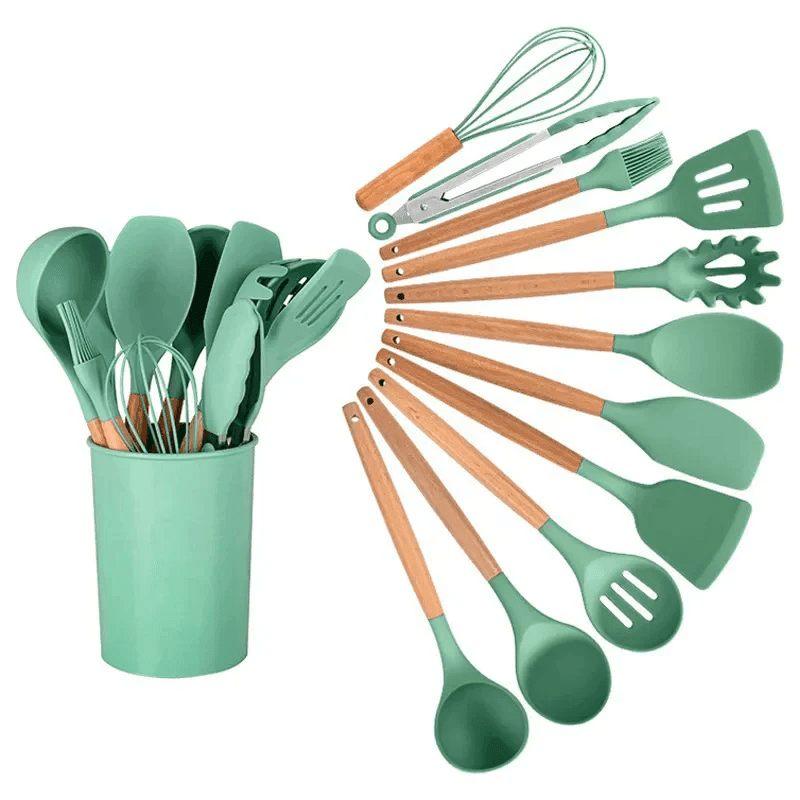 Kit Utensílios de Silicone com Cabo de Madeira - (12 Peças)