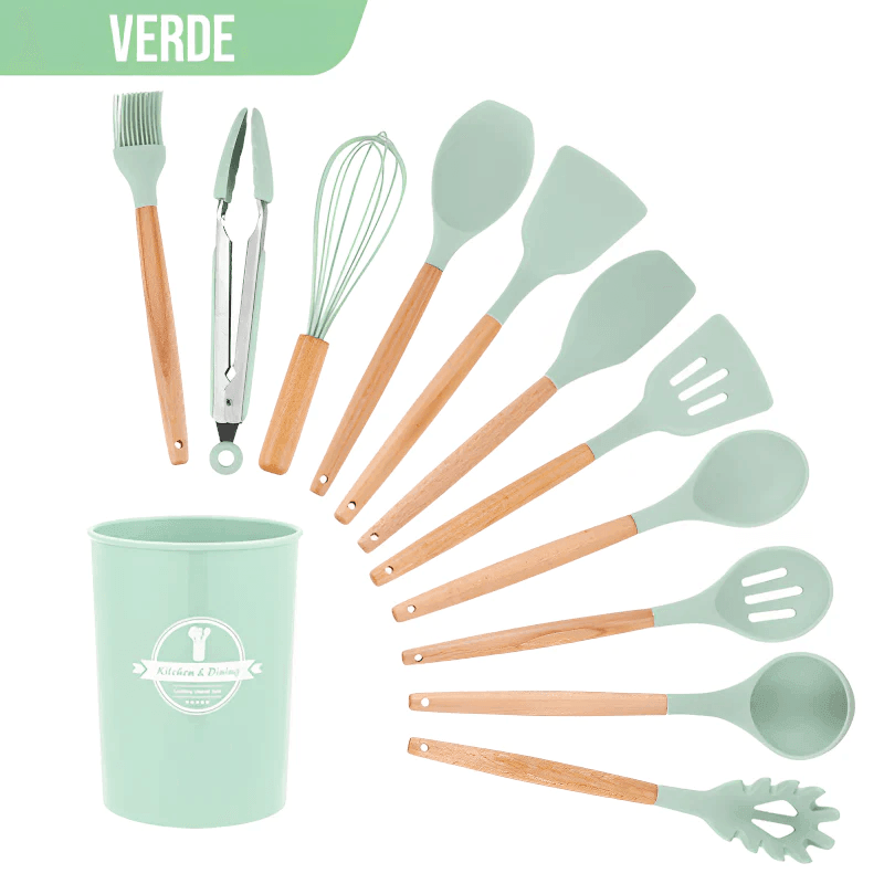 Kit Utensílios de Silicone com Cabo de Madeira - (12 Peças)