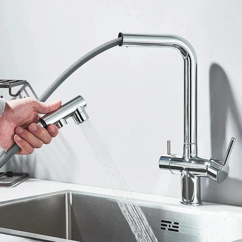 Torneira Gourmet Para Cozinha Com Filtro Modelo Duplo Comando Modelo Pull Out Giratória