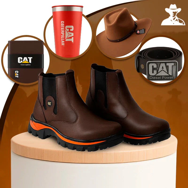 Kit Bota Masculina Adventure em Couro Legítimo e Palmilha Ortopédica +BRINDES: Chapéu, Cinto, Carteira e Copo