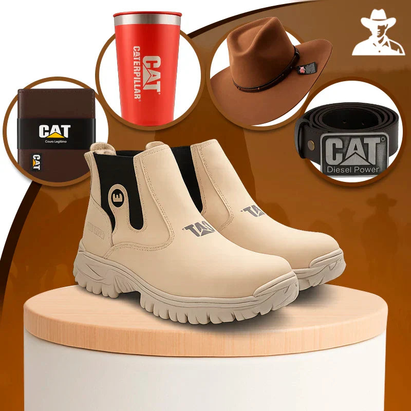 Kit Bota Masculina Adventure em Couro Legítimo e Palmilha Ortopédica +BRINDES: Chapéu, Cinto, Carteira e Copo