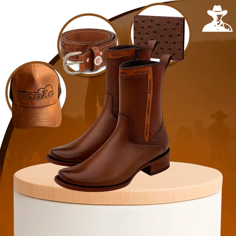 Kit Bota Maverick 3.0 em Couro Legítimo com Palmilha Ortopédica +BRINDES: Boné, Cinto e Carteira