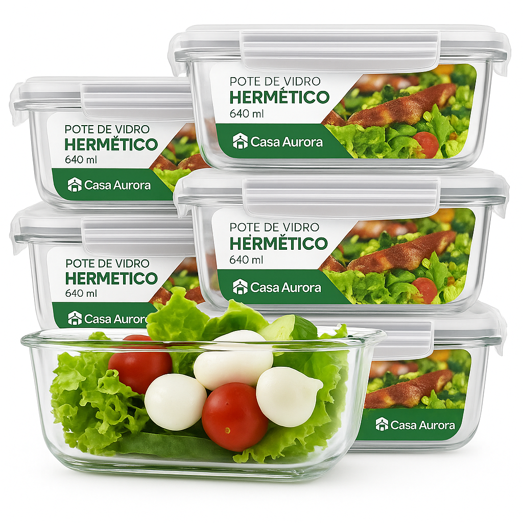 Kit 15 Potes Herméticos de Vidro + 10 Copos de Vidro Aruba de Brinde