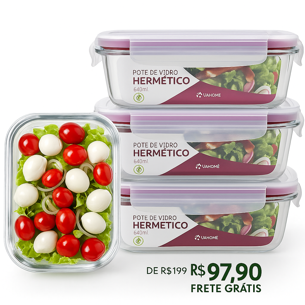 Kit 15 Potes Herméticos de Vidro + 10 Copos de Vidro Aruba de Brinde