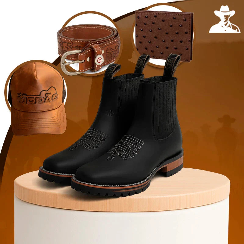 Kit Bota Brave Texana 2.0 em Couro Legítimo com Palmilha Ortopédica +BRINDES: Boné, Cinto e Carteira