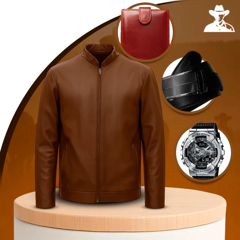 Jaqueta Masculina Ervok em Couro Legítimo Forrada +3 BRINDES: Relógio, Cinto e Carteira