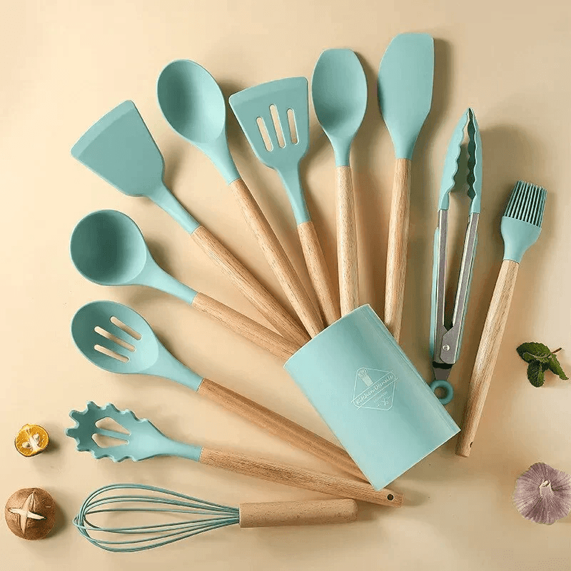 Kit Utensílios de Silicone com Cabo de Madeira - (12 Peças)