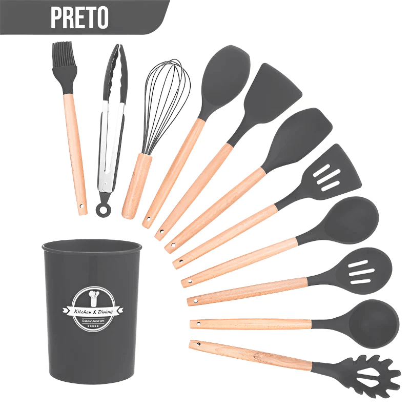 Kit Utensílios de Silicone com Cabo de Madeira - (12 Peças)