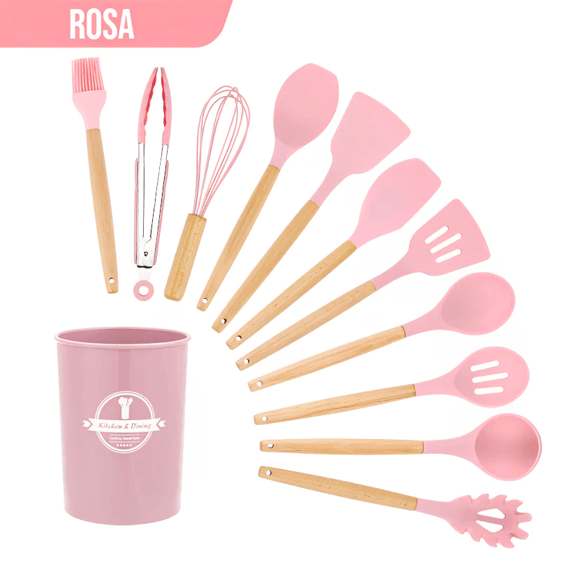Kit Utensílios de Silicone com Cabo de Madeira - (12 Peças)