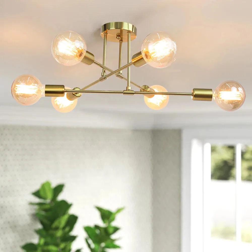 Lustre Para Sala Moderno Dourado 6 Lâmpadas