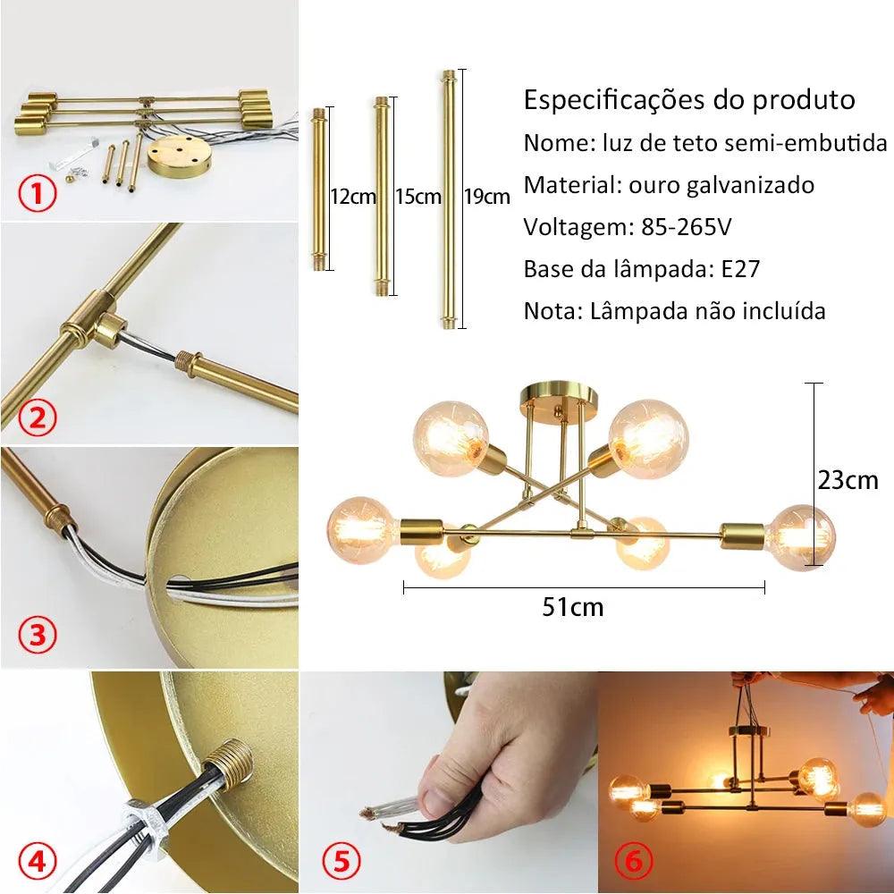 Lustre Para Sala Moderno Dourado 6 Lâmpadas