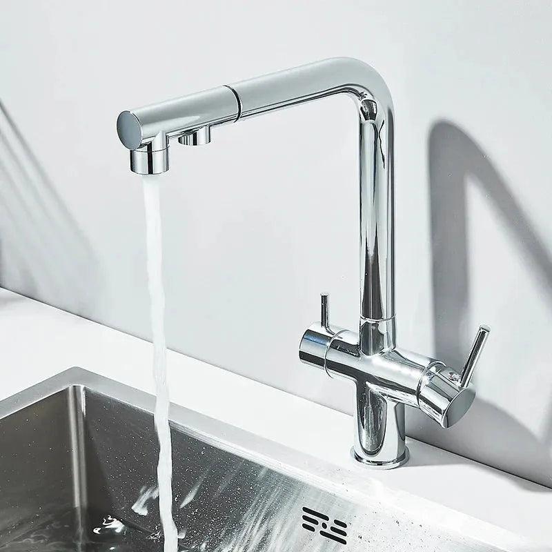 Torneira Gourmet Para Cozinha Com Filtro Modelo Duplo Comando Modelo Pull Out Giratória