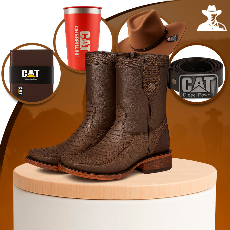 Kit Bota Masculina Bravik em Couro Legítimo e Palmilha Ortopédica +BRINDES: Copo, Cinto, Carteira e Chapéu