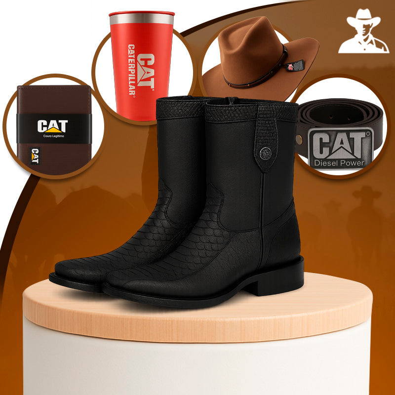 Kit Bota Masculina Bravik em Couro Legítimo e Palmilha Ortopédica +BRINDES: Copo, Cinto, Carteira e Chapéu